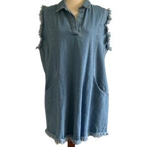 Denim Mini Dress L Fringe Detail Lagenlook Country Cowgirl Rodeo Pockets Boho